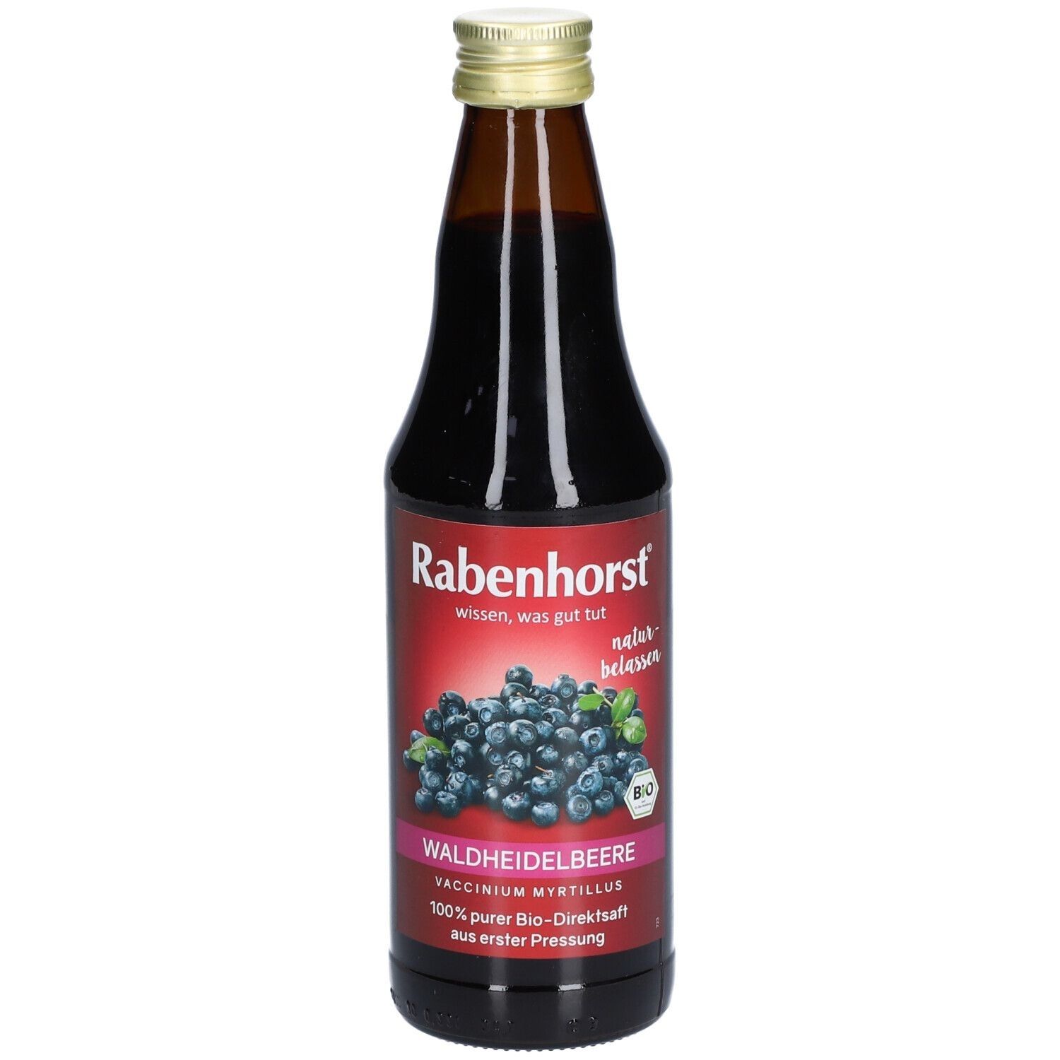 Braune Glasflasche mit Waldheidelbeersaft. Roter Aufkleber mit Produktname und Bio-Siegel. Goldfarbener Verschluss.