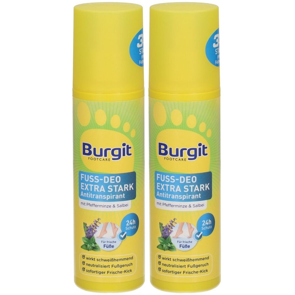 Zwei gelbe Sprühdosen. Aufschrift: Burgit Fuß-Deo Extra Stark Antitranspirant. Mit Pfefferminze & Salbei. 24h Schutz. Abbildung von Füßen und Kräutern.