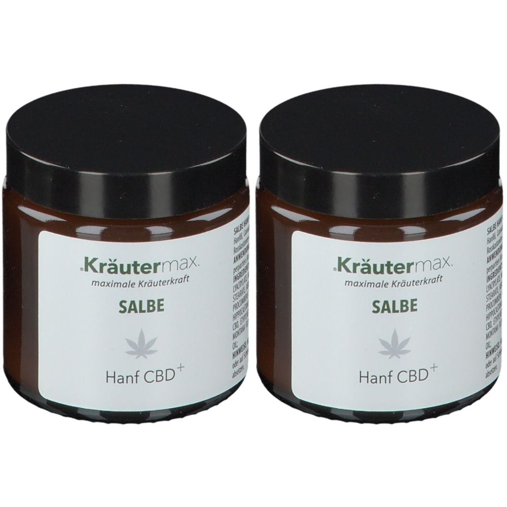 Zwei braune Tiegel mit schwarzem Deckel. Auf dem Etikett steht „Kräutermax“, „Salbe“ und „Hanf CBD+“.