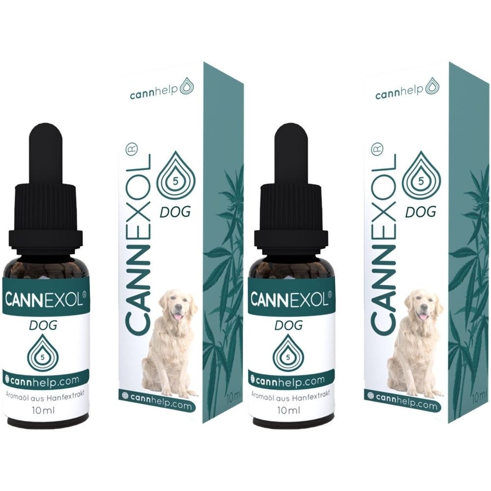 Drei Flaschen CANNEXOL® DOG mit Tropfer und Verpackung. Aufschrift: DOG, cannhelp.com, 10 ml. Abbildung eines Hundes auf der Verpackung.