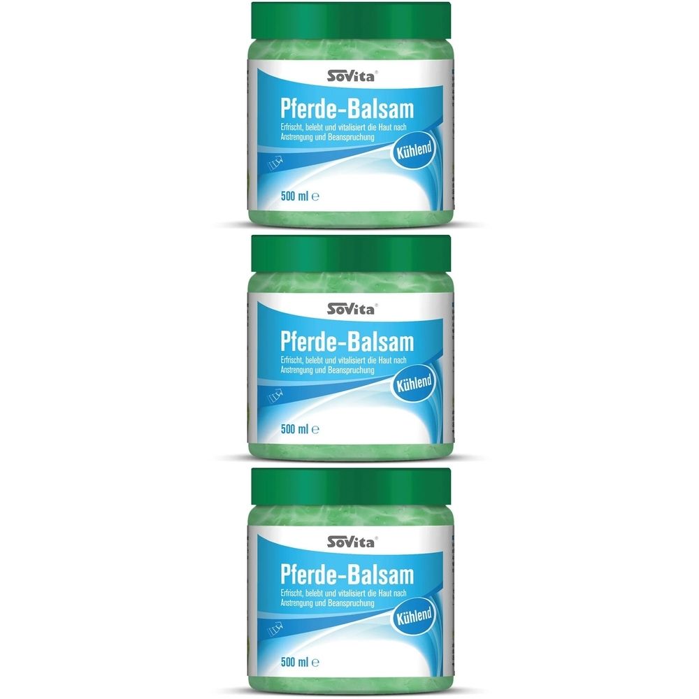 Drei grüne Tiegel mit Deckel. Aufschrift: Pferde-Balsam, Kühlend, 500 ml. Marke: SoVita.