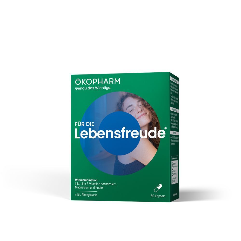 Grüner Karton für ÖKOPHARM Lebensfreude, Wirkkombination mit B-Vitaminen, Magnesium und Kupfer.