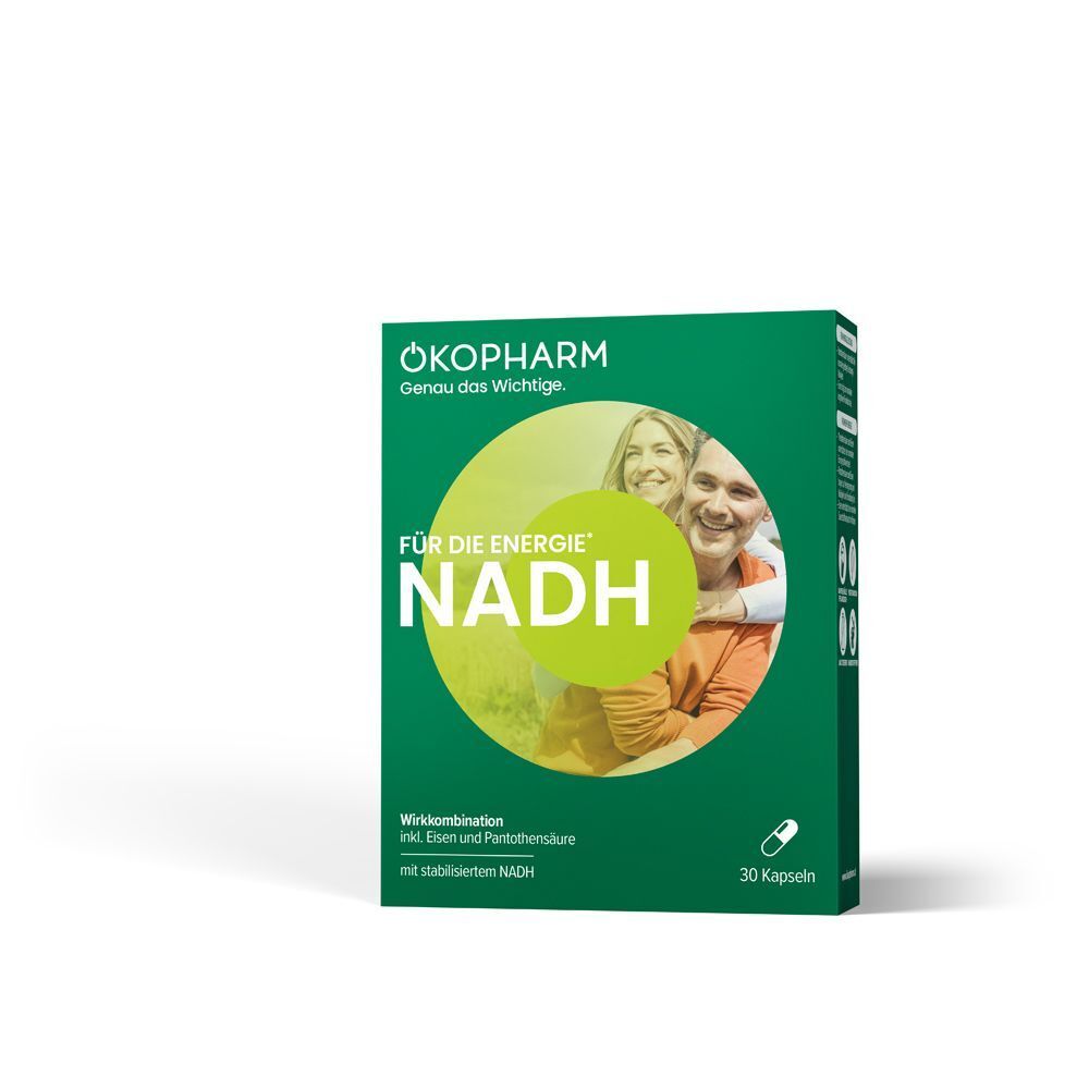 Eine Schachtel ÖKOPHARM NADH Wirkkombination mit 30 Kapseln, Vorderansicht.