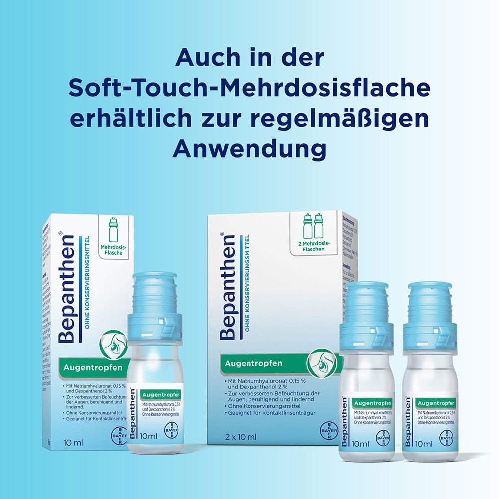 Bepanthen Augentropfen in Mehrdosenflaschen (10 ml) und Faltschachteln.