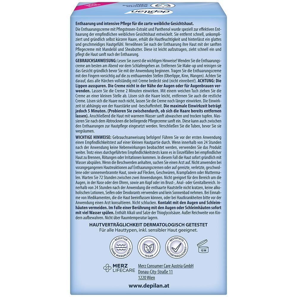 Rückseite einer Depilan Haarentfernungscreme-Verpackung mit Anwendungshinweisen und dermatologischen Tests.