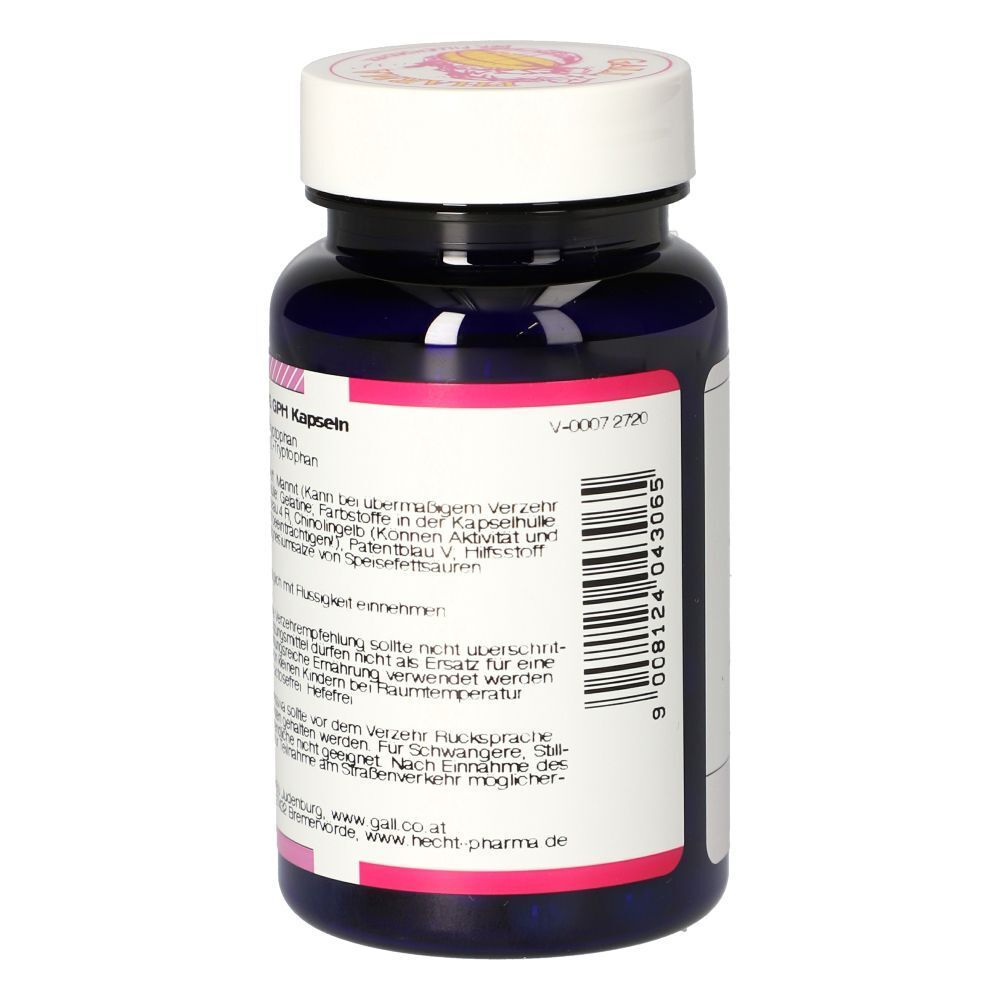 Rückseite einer Flasche TRYPTOPHAN KPS 250 mg GPH Kapseln mit Barcode und Herstellerinformationen.
