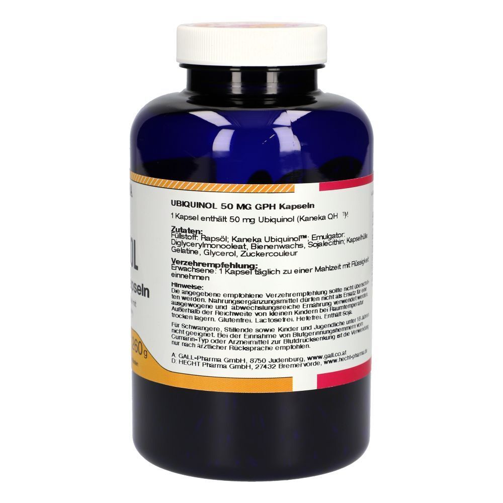 Eine Flasche UBIQUINOL 50 mg GPH Kapseln von Gall Pharma mit detaillierten Produktinformationen auf dem Etikett.