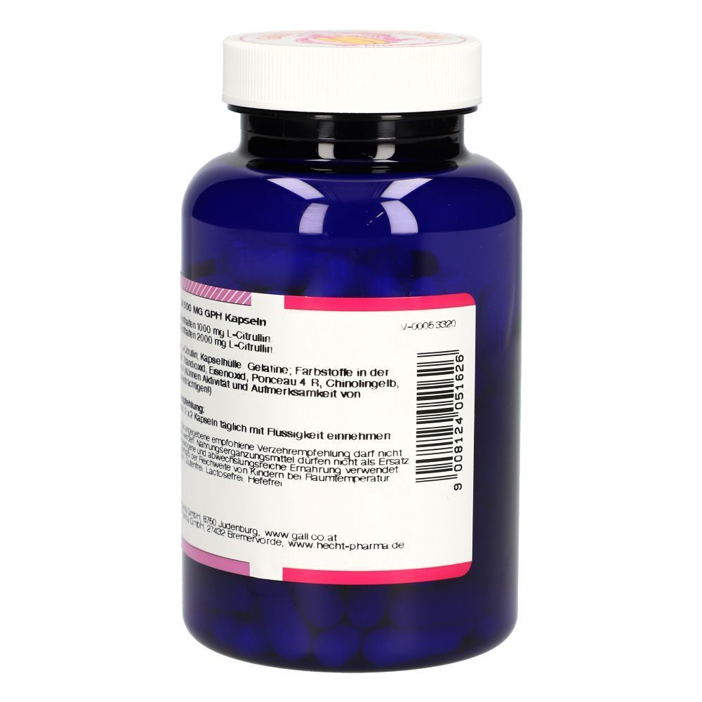 Ein blauer Behälter mit Citrullin KPS 500 mg GPH Kapseln, Rückseite mit Barcode und Informationen.