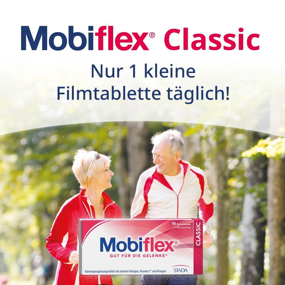 Älteres Paar beim Joggen, hält eine Packung Mobiflex Classic.