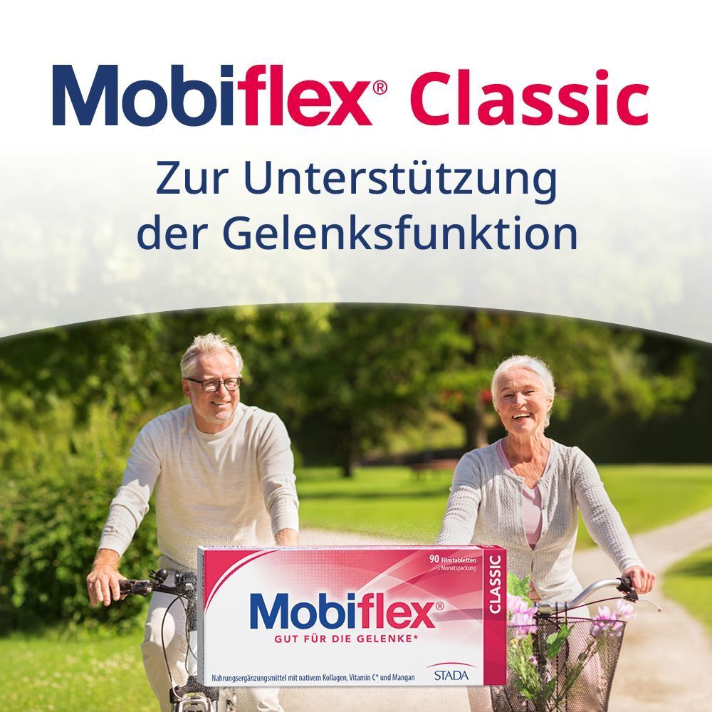 Älteres Paar auf Fahrrädern, mit einer Packung Mobiflex Classic für Gelenke.