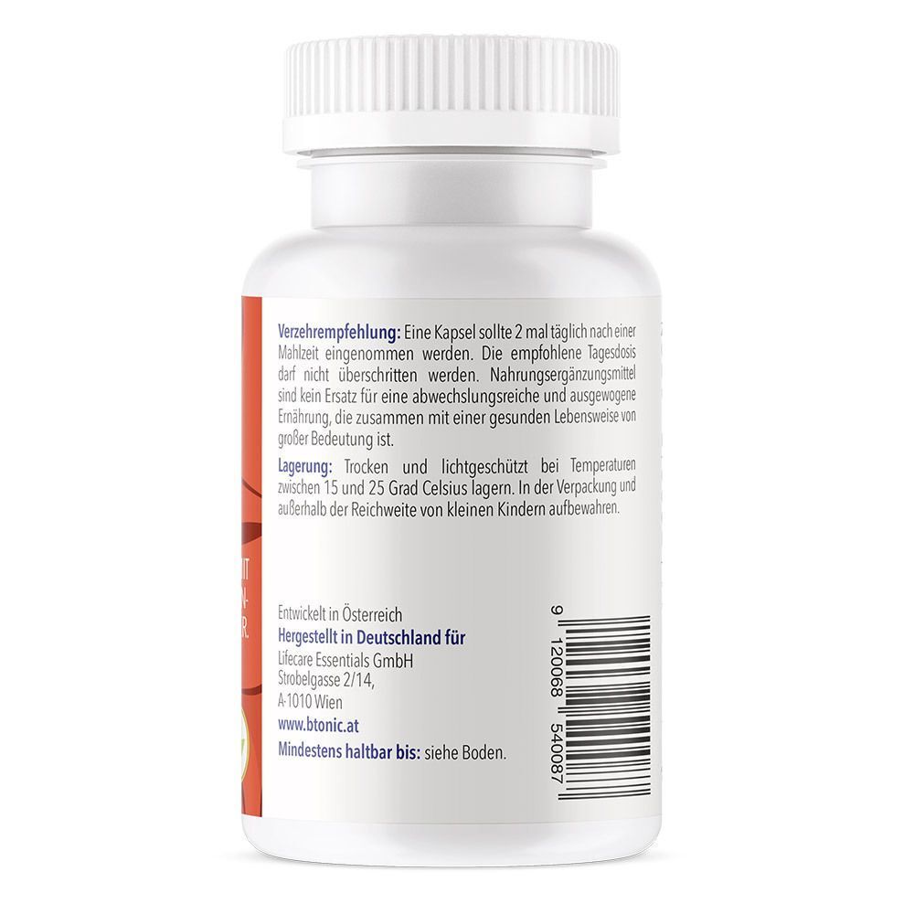 Rückseite des B!TONIC® Terra Liver Behälters: Enthält Verzehrempfehlung, Lagerungshinweise und Herstellerinformationen. Hergestellt in Deutschland.