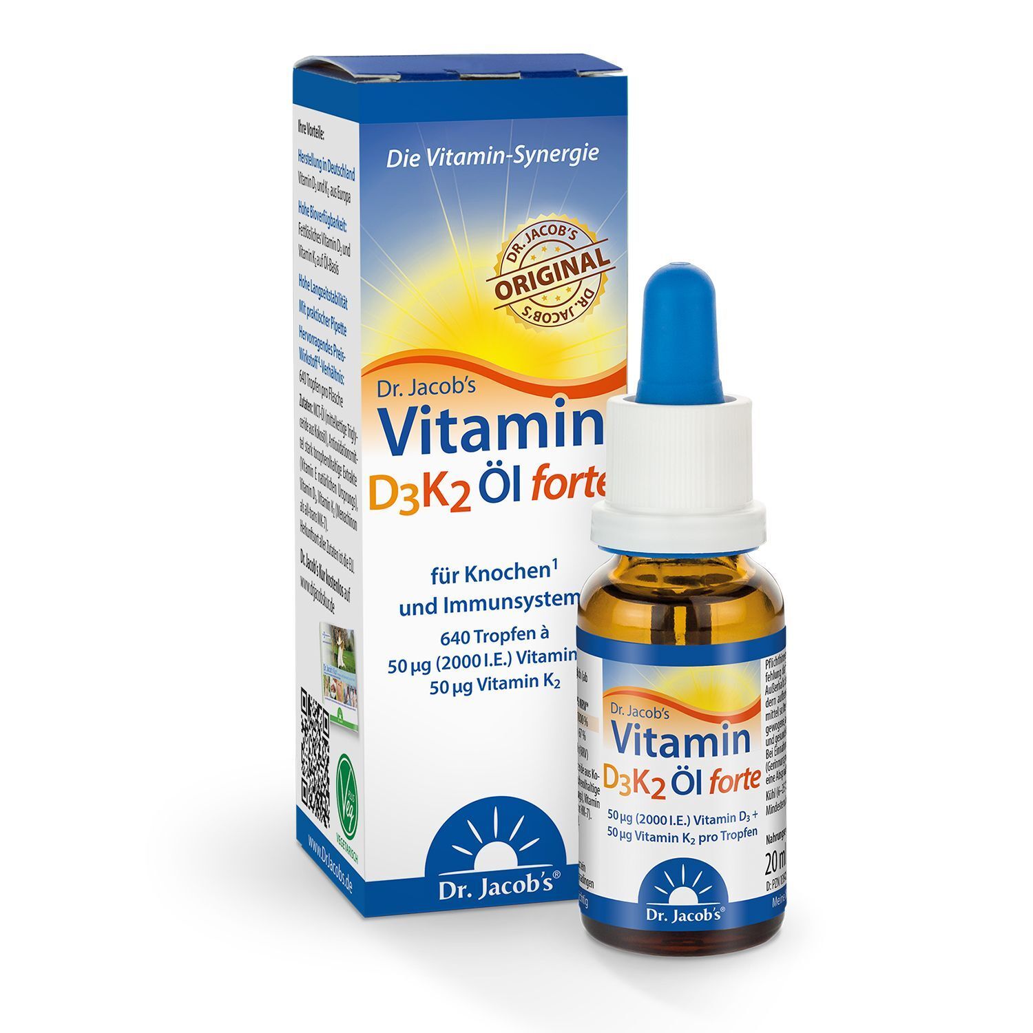 Dr. Jacob's Vitamin D3K2 Öl forte Flasche und Verpackung. Flasche mit blauem Tropfer, Verpackung mit Produktinformationen.