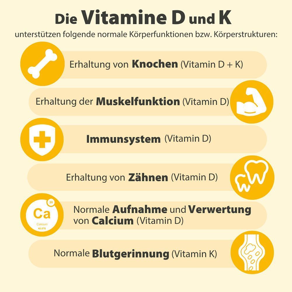 Grafik: Vitamine D und K unterstützen Knochen, Muskelfunktion, Immunsystem, Zähne, Calciumaufnahme, Blutgerinnung.