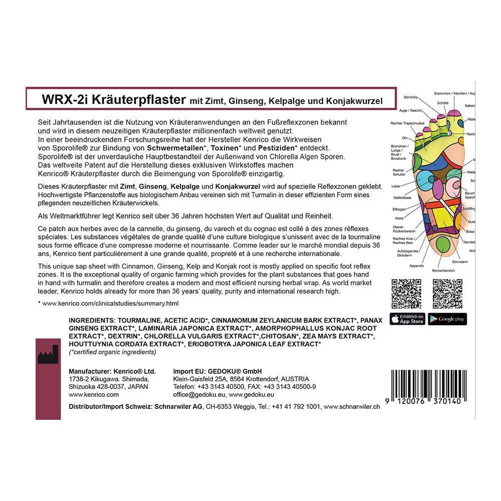 Rückseite der Kräuterpflaster-Verpackung. Text mit Inhaltsstoffen und Informationen. Fußreflexzonen-Diagramm.