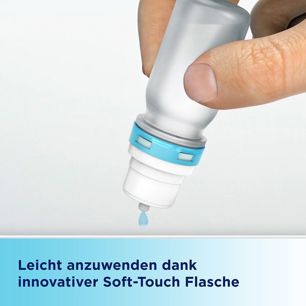 Nahaufnahme einer Flasche, aus der ein Tropfen austritt. Text: Leicht anzuwenden dank innovativer Soft-Touch Flasche.