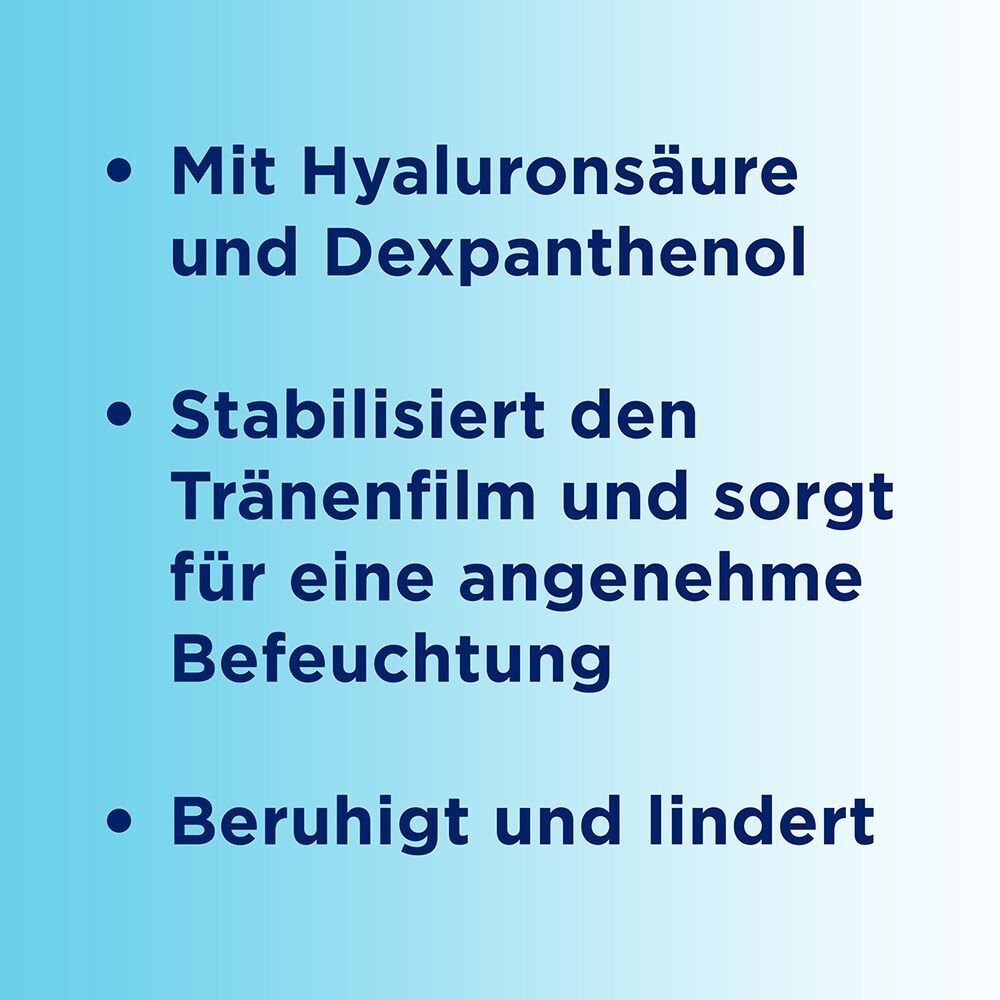Liste der Inhaltsstoffe: Hyaluronsäure und Dexpanthenol, stabilisiert Tränenfilm.