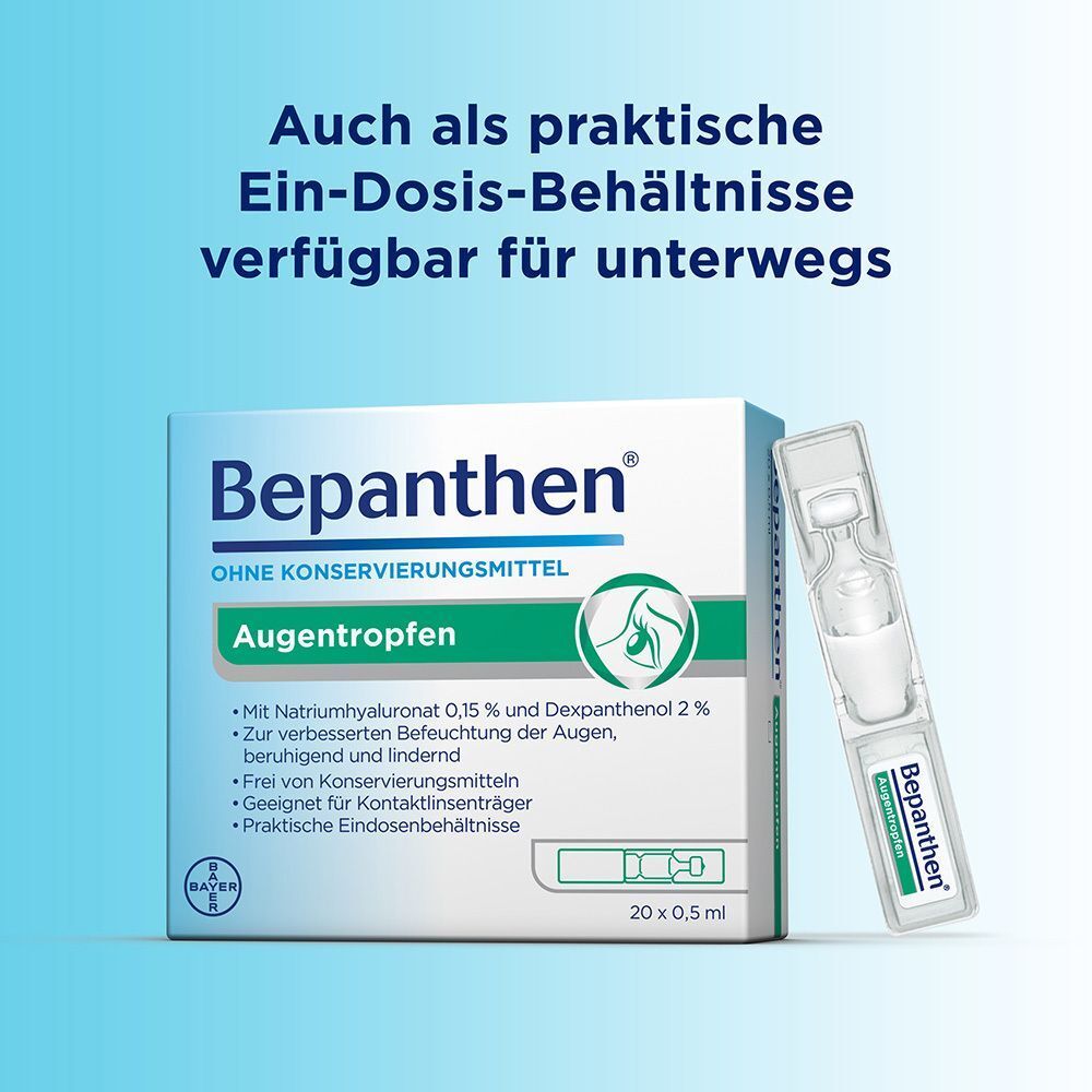 Packung Bepanthen Augentropfen als Einzeldosis-Behälter für unterwegs.