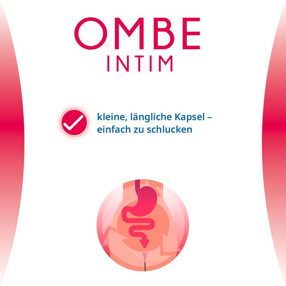 OMBE Intim. Text: Kleine, längliche Kapsel - einfach zu schlucken. Illustration: Verdauungstrakt.