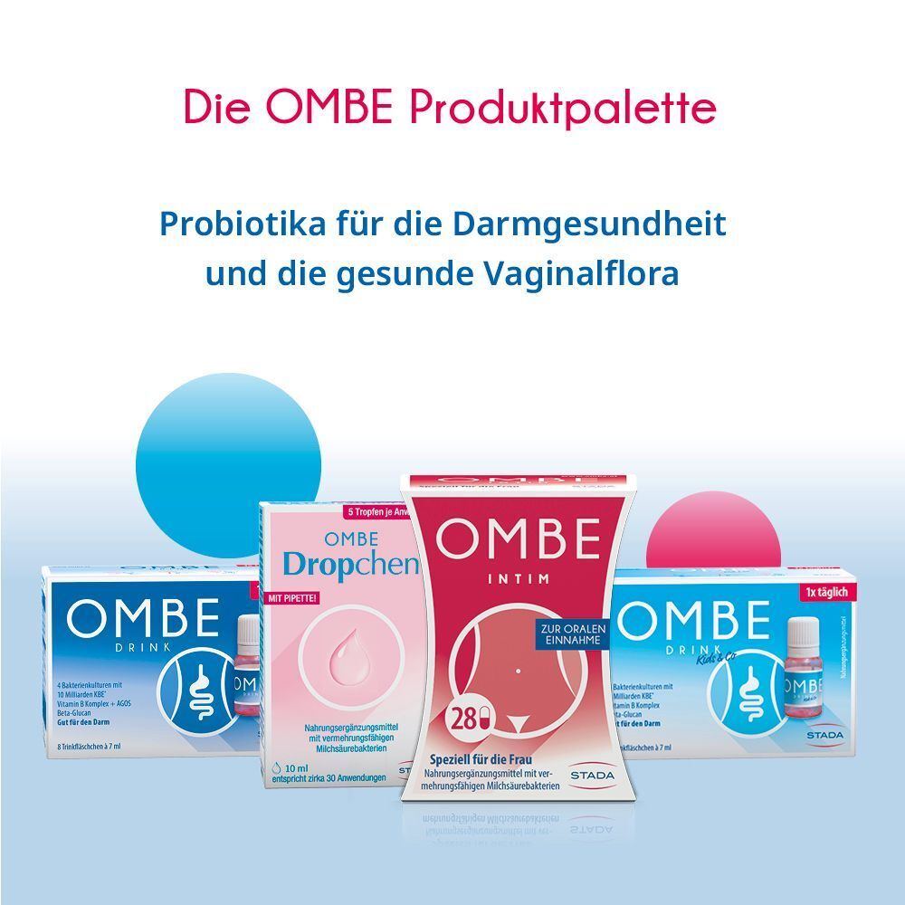 Produktpalette: OMBE Drink, Dropchen, Intim. Text: Probiotika für Darmgesundheit und gesunde Vaginalflora.