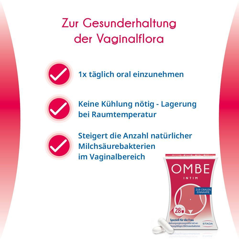 OMBE Intim Kapseln und Informationen. 1x täglich oral. Keine Kühlung nötig. Steigert Milchsäurebakterien.