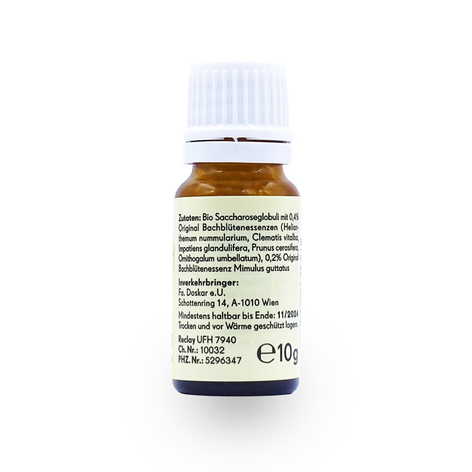 Braune Glasflasche mit weißem Schraubverschluss. Gelbes Etikett mit Produktinformationen und Barcode. Inhalt: 10g.