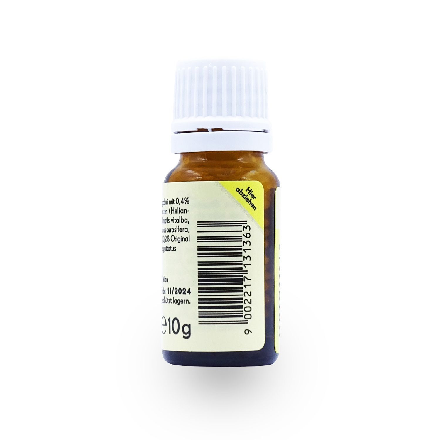 Braune Glasflasche mit gelbem Etikett und weißem Schraubverschluss. Rückseite mit Barcode, Zutaten und 10g-Angabe.
