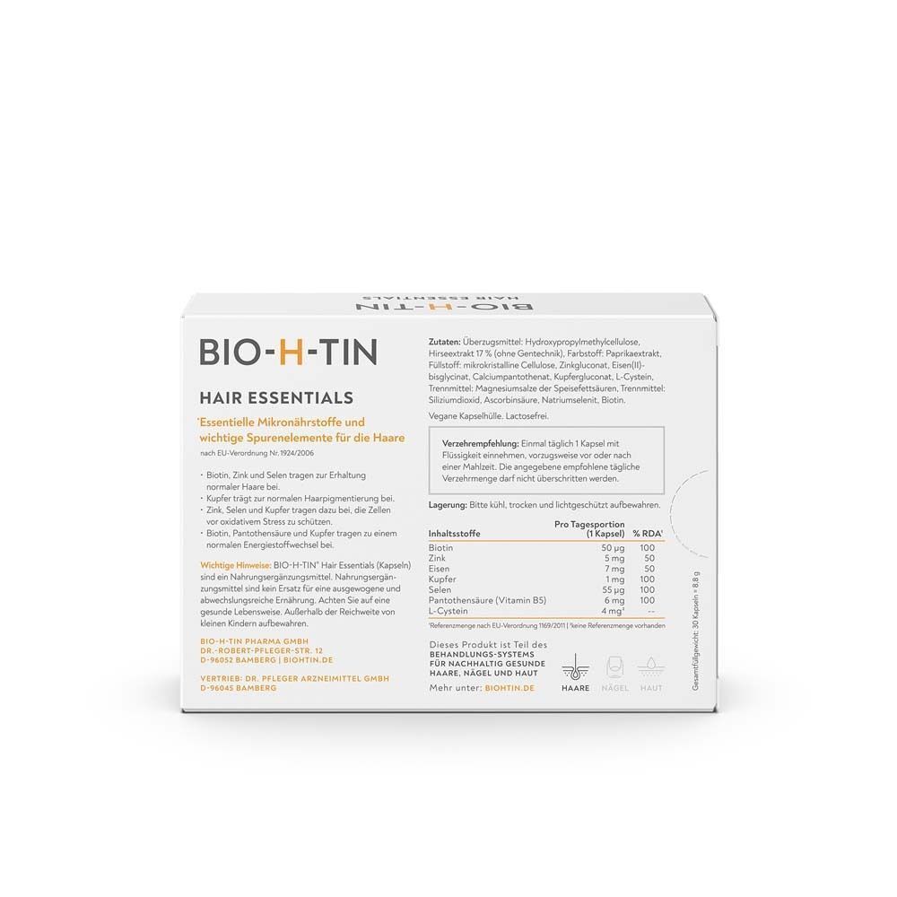 Rückseite einer BIO-H-TIN® Hair Essentials Schachtel. Enthält Produktinformationen, Inhaltsstoffe und Nährwertangaben.