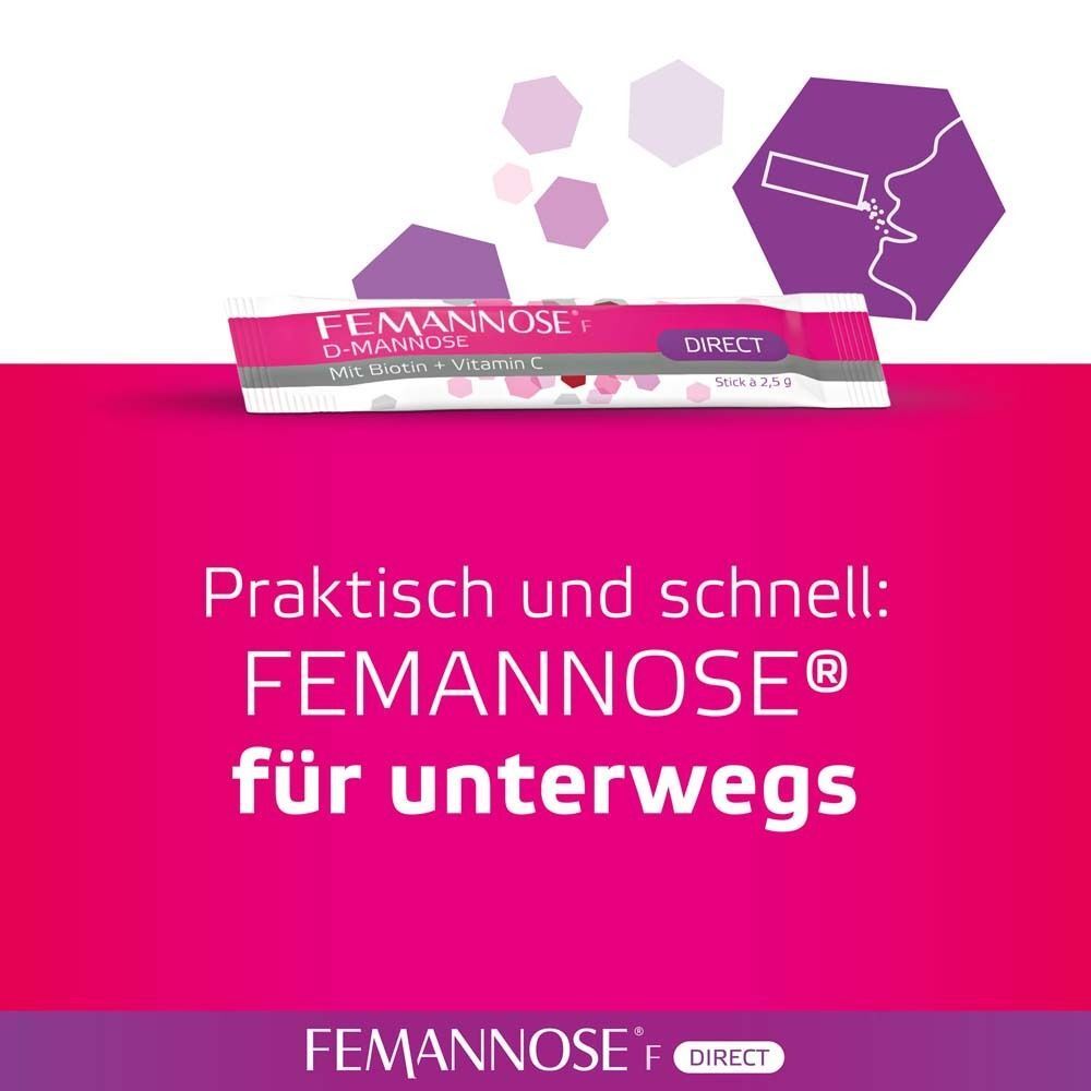 FEMANNOSE® F Direct Stick: Ein Stick zur direkten Einnahme ohne Wasser, mit D-Mannose, Biotin und Vitamin C.