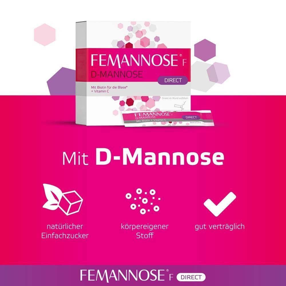 Text: Mit D-Mannose. Grafiken: Zuckerwürfel, körpereigener Stoff, gut verträglich. Rosa Hintergrund mit FEMANNOSE® F Direct Logo.