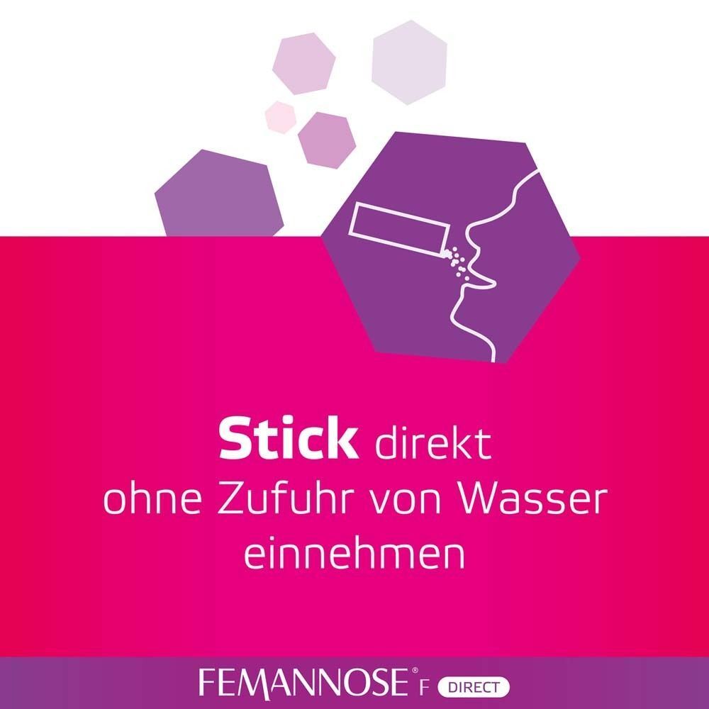 Rosa Hintergrund mit FEMANNOSE® F Direct Stick. Text: Stick direkt ohne Wasser einnehmen. Lila Grafik.