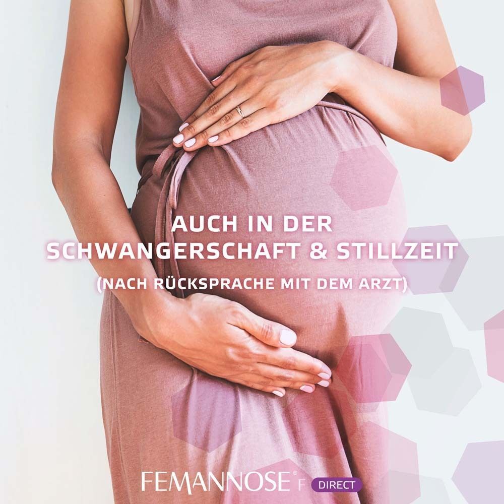 Schwangere Frau. Text: Auch in der Schwangerschaft & Stillzeit (nach Rücksprache mit dem Arzt). FEMANNOSE® F Direct Logo.