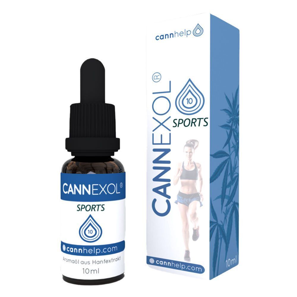 Flasche mit schwarzer Pipette und Verpackung. Blaue Etiketten mit weißer Schrift: CANNEXOL SPORTS, 10, cannhelp.com, Aromaöl aus Hanfextrakt, 10 ml.