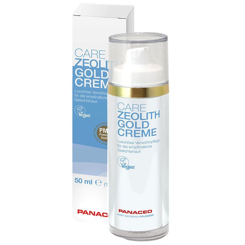 Flasche CARE ZEOLITH GOLD CREME mit Pumpverschluss und Verpackung. Vegan-Siegel. Goldfarbener Ring. PANACEO-Logo. 50 ml.