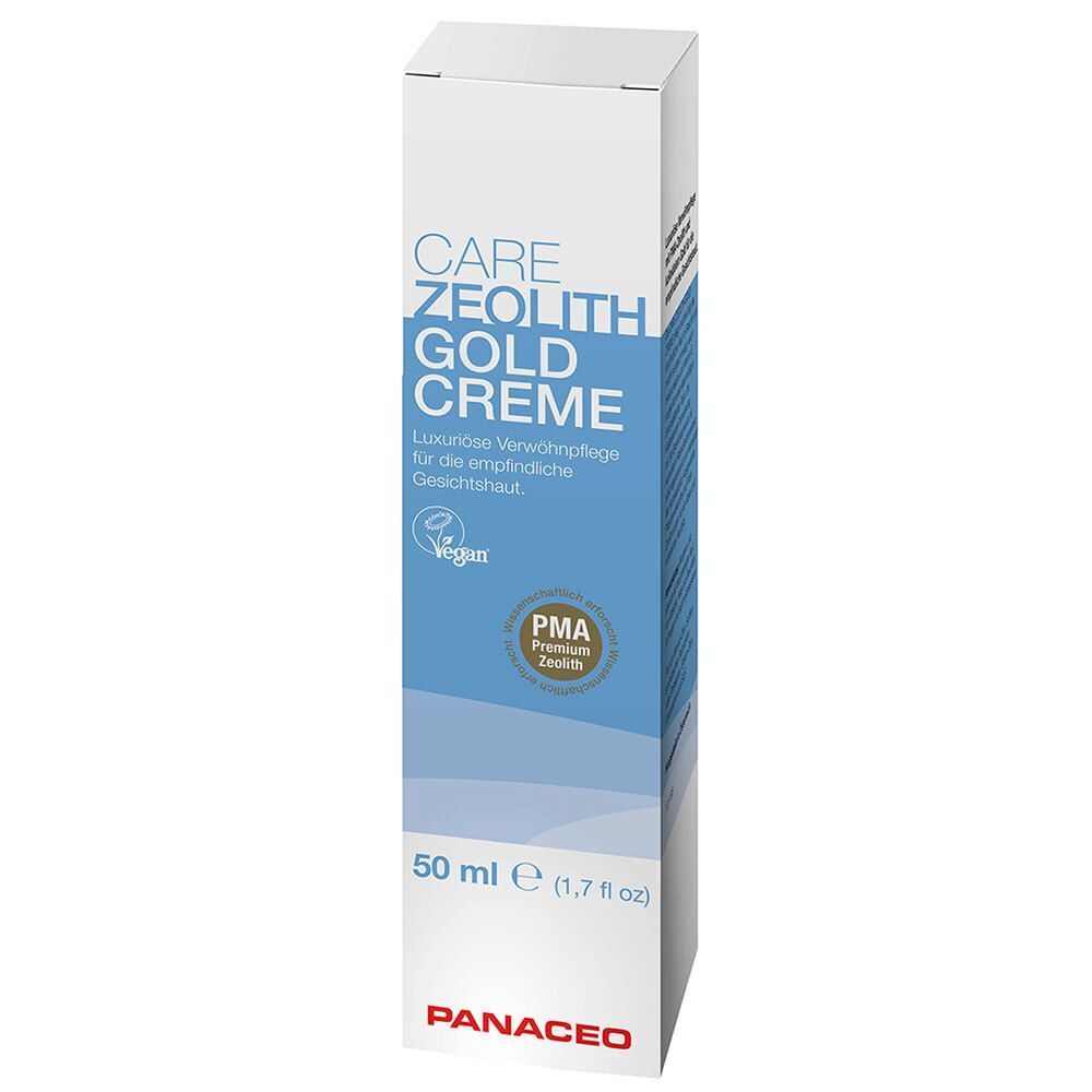 Verpackung von CARE ZEOLITH GOLD CREME. Vegan-Siegel. PMA Premium Zeolith. PANACEO-Logo. 50 ml.