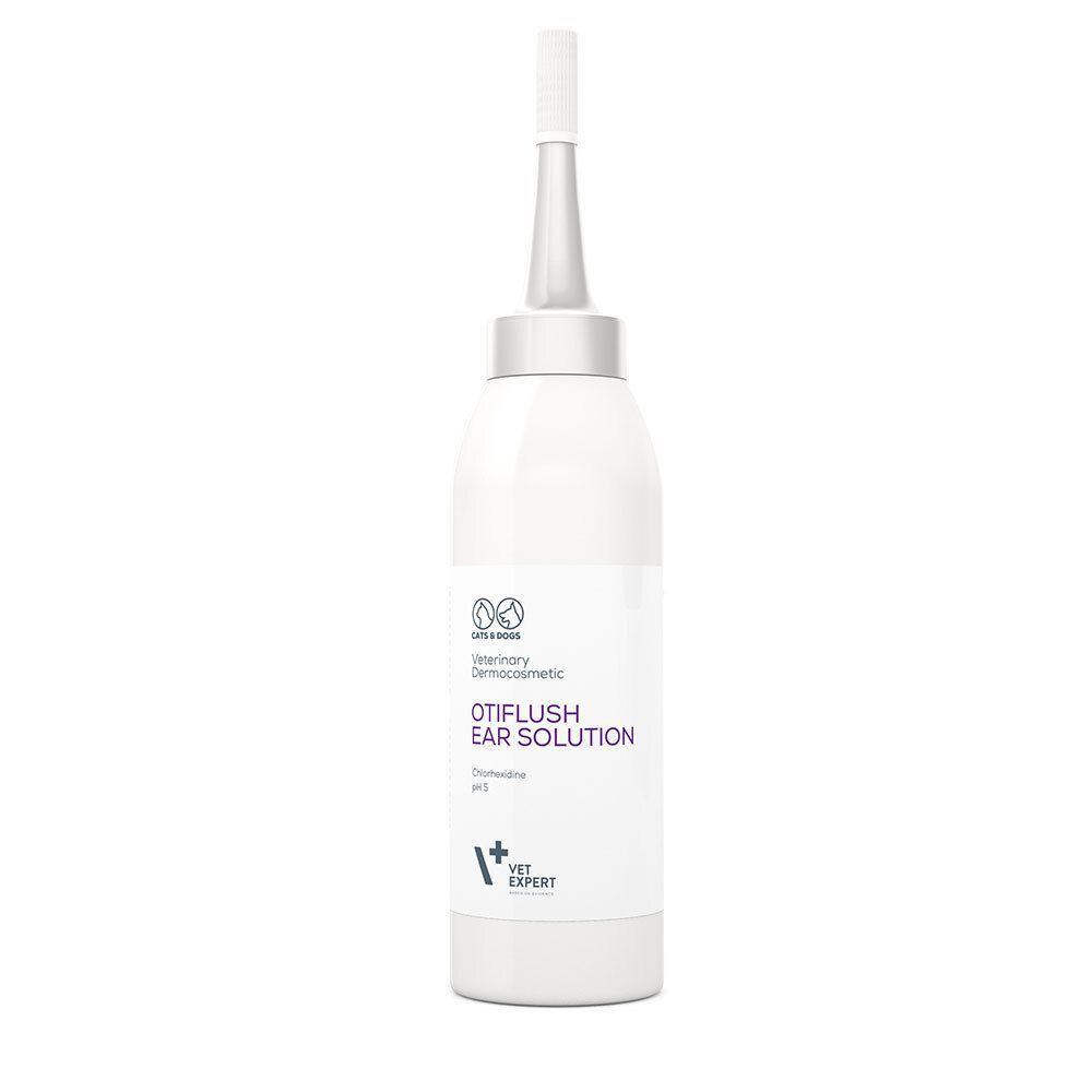 Eine weiße Flasche mit Otiflush Ohrenlösung und einem Applikator. Enthält Chlorhexidin.