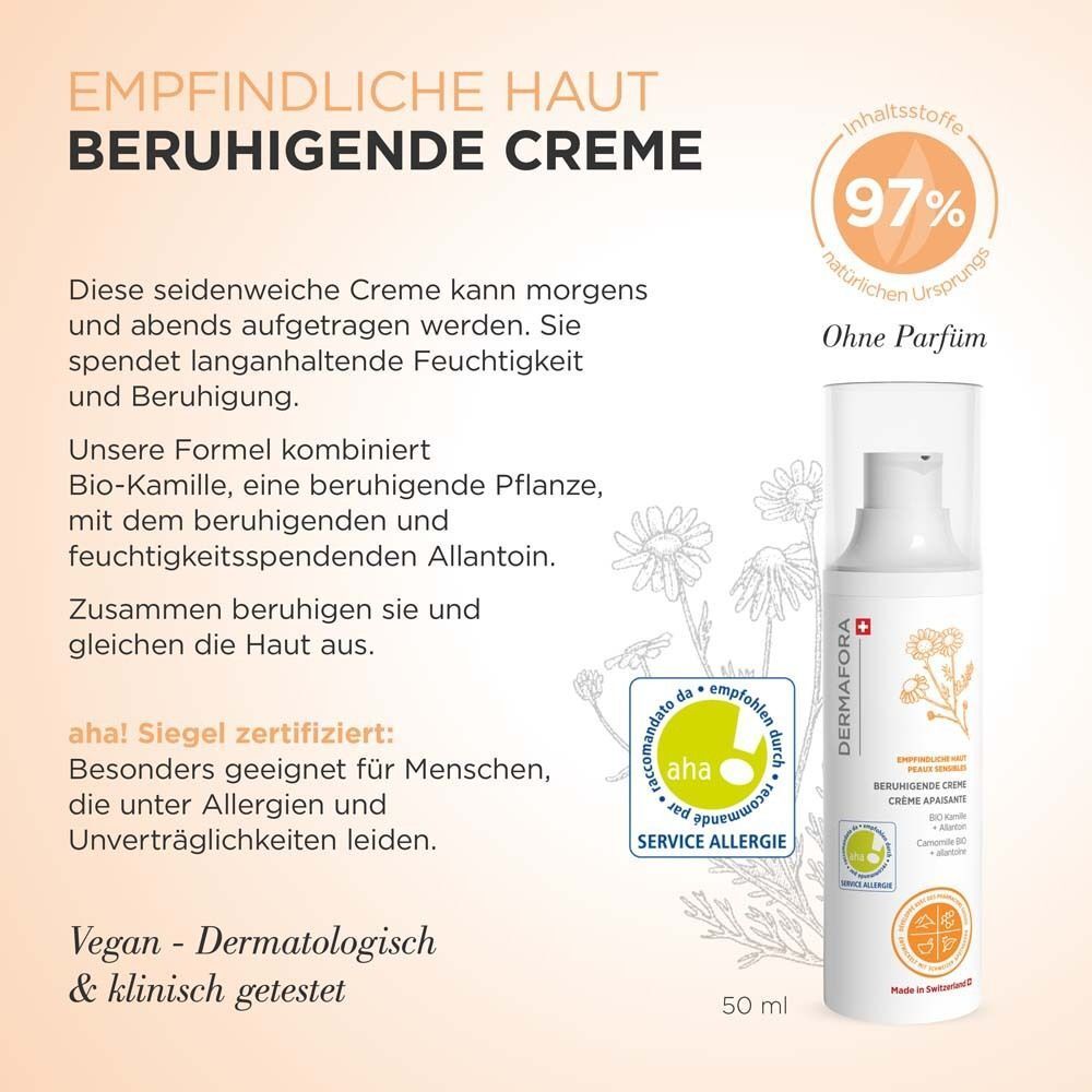 DERMAFORA Beruhigende Creme. Weiße Flasche mit Text. 97% natürlichen Ursprungs. Ohne Parfum. Vegan.