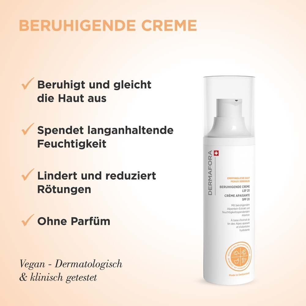 DERMAFORA Beruhigende Creme. Weiße Flasche. Text: Beruhigt, spendet Feuchtigkeit, reduziert Rötungen. Vegan.