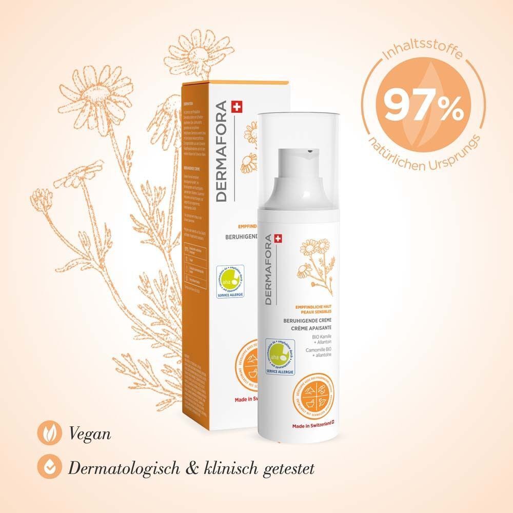 Weiße Flasche und Schachtel mit DERMAFORA-Logo. Vegan- und dermatologisch getestet. Kamillen-Illustration.