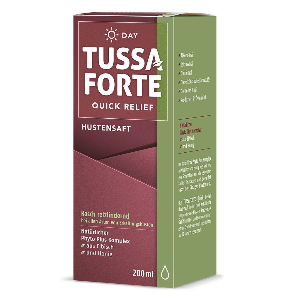 Packung TUSSAFORTE DAY Hustensaft, 200ml. Kartonverpackung mit detaillierten Produktinformationen.