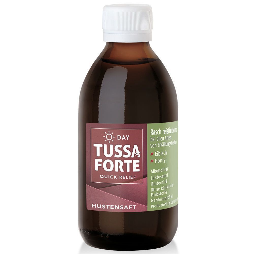 Eine braune Glasflasche TUSSAFORTE DAY Hustensaft mit weißem Schraubverschluss. Etikett mit Produktinformationen.