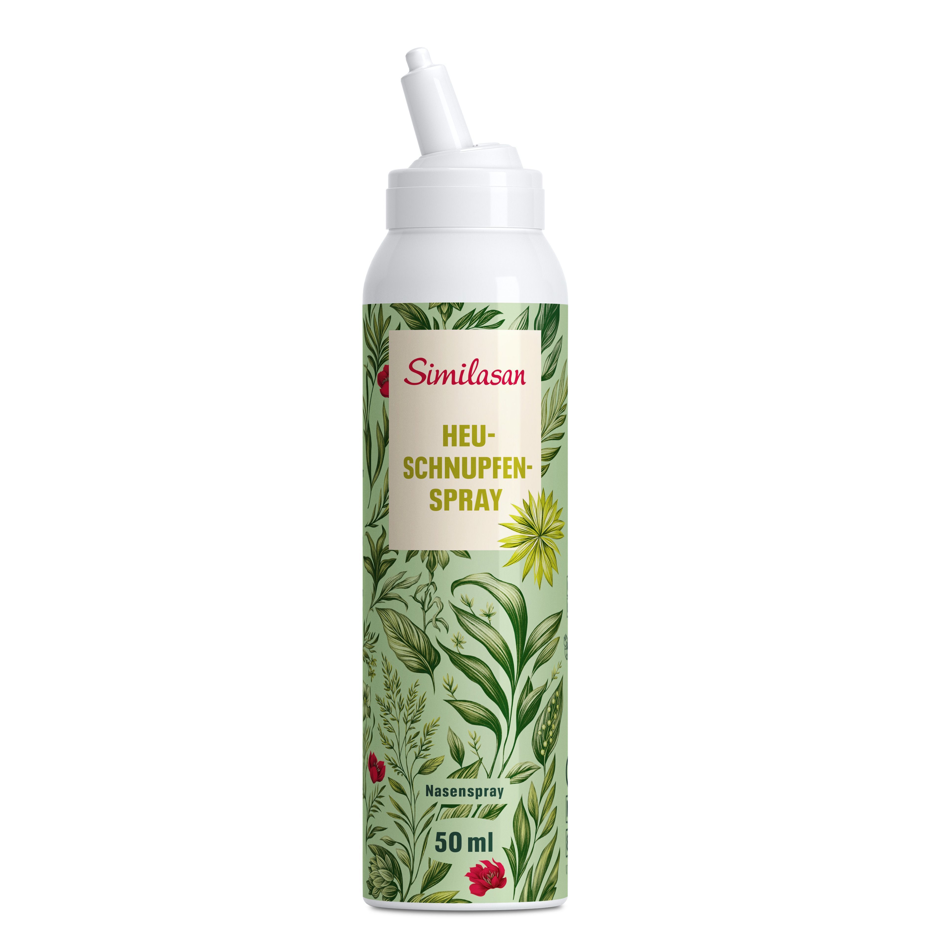 Nasenspray mit floralem Muster. Aufschrift: Similasan Heuschnupfen Spray. Weiße Flasche mit Sprühkopf. 50 ml.