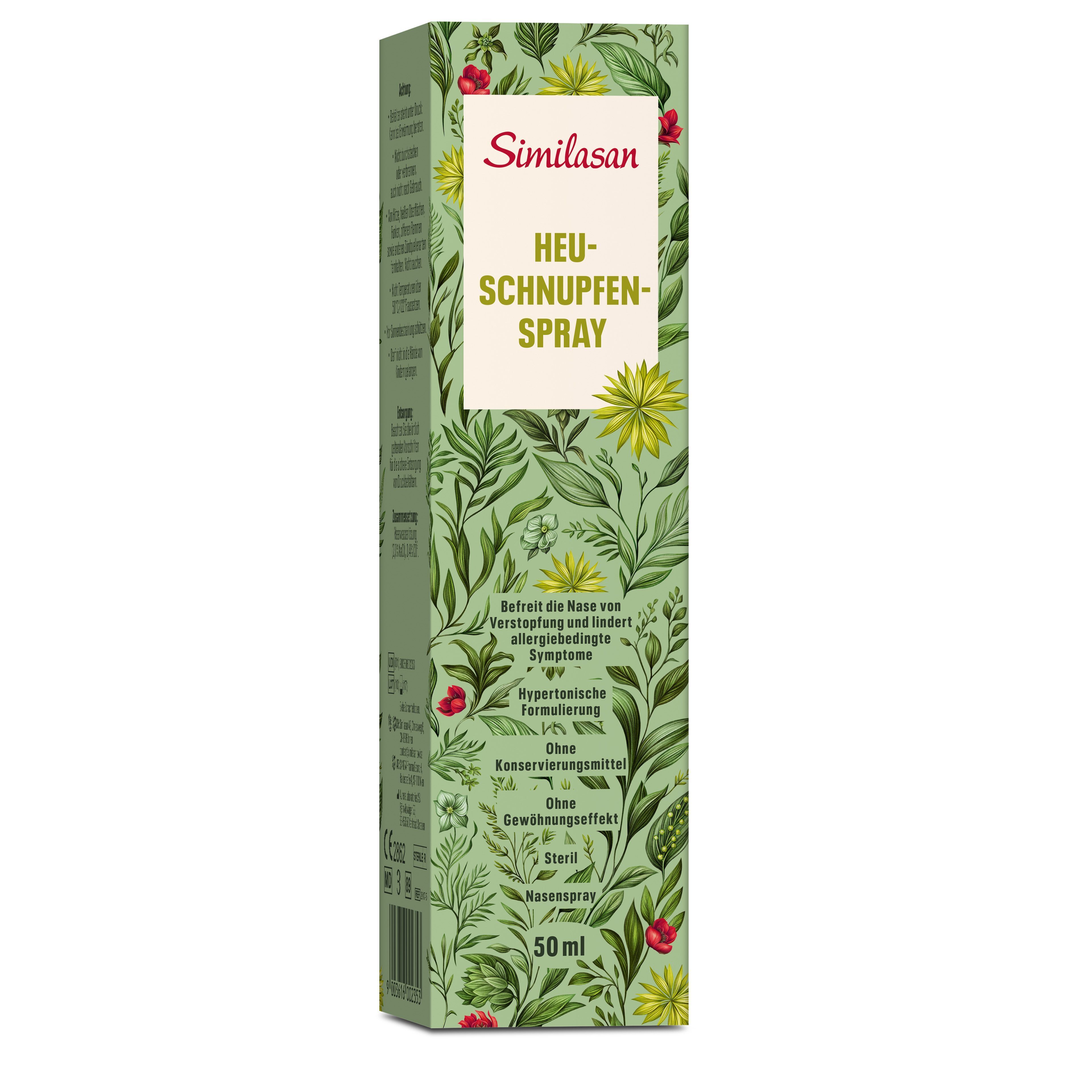 Verpackung von Similasan Heuschnupfen Spray. Grün-weißes Design mit floralen Elementen. Text: Heuschnupfen Spray, 50 ml.