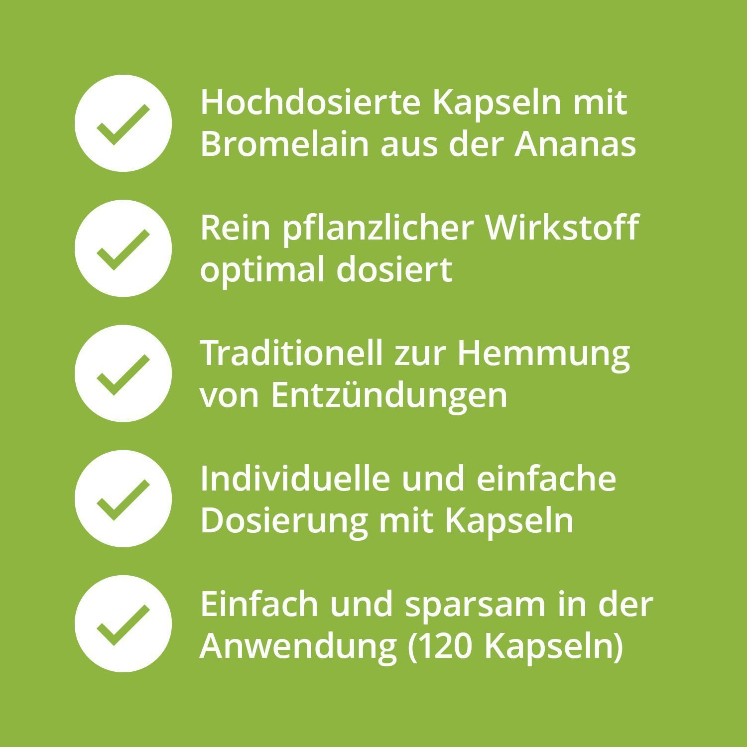 Grüner Hintergrund mit weißen Texten und Häkchen. Texte: Hochdosierte Kapseln, rein pflanzlicher Wirkstoff, traditionell zur Hemmung von Entzündungen.