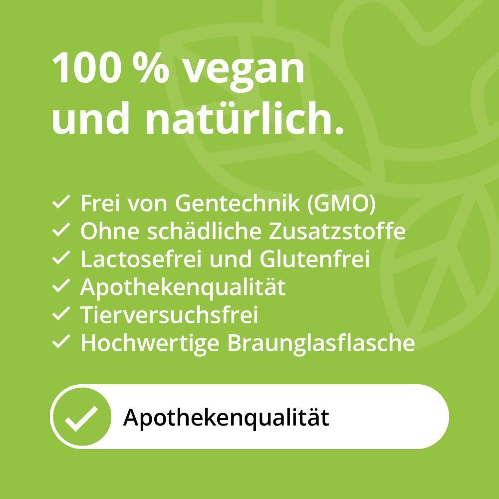 Grüner Hintergrund mit weißem Text. Text: 100% vegan und natürlich. Frei von Gentechnik, ohne Zusatzstoffe, Apothekenqualität.
