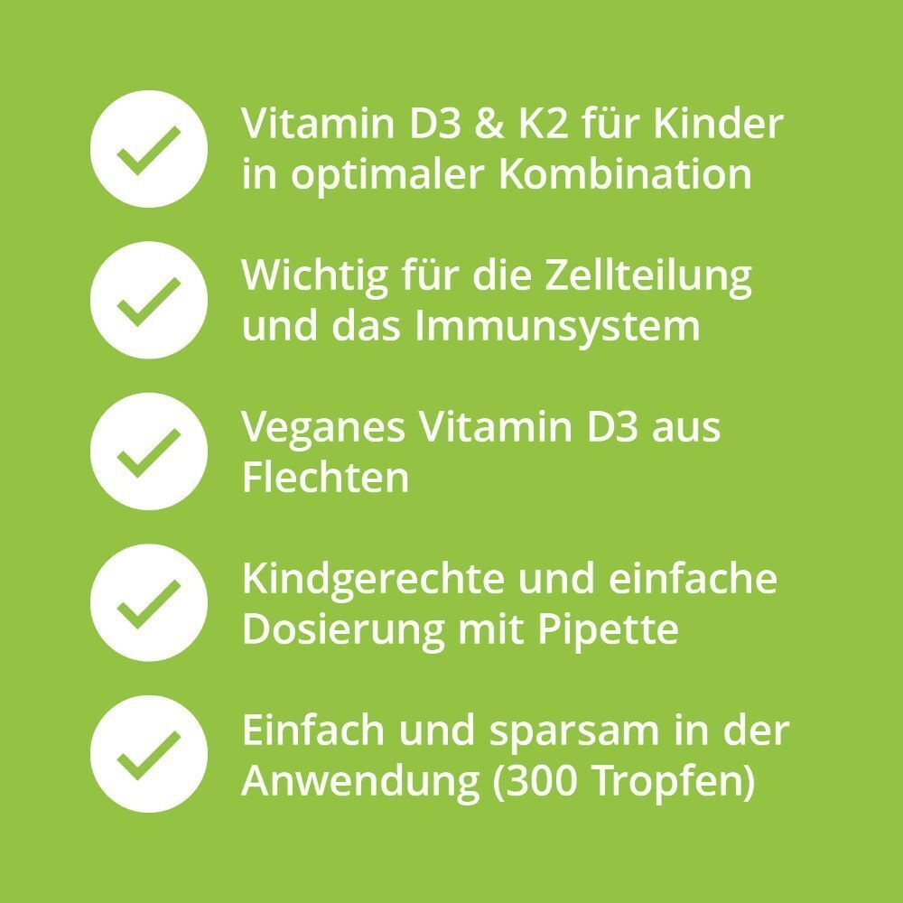 Text auf grünem Hintergrund. Themen: Vitamin D3 & K2 für Kinder, wichtig für Immunsystem, veganes Vitamin D3, kindgerechte Dosierung, sparsame Anwendung.