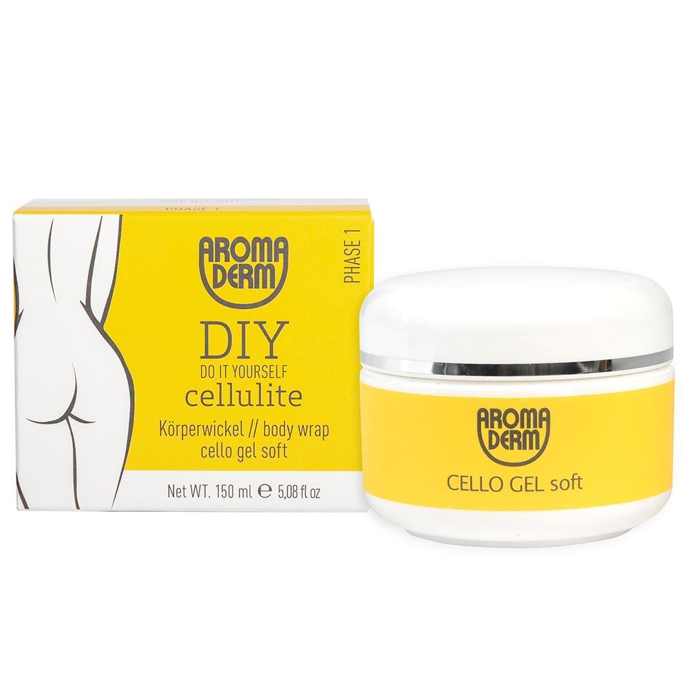 Gelbe Schachtel und weißer Tiegel. Aufschrift: AROMADERM DIY Cellulite, Körperwickel, Cello Gel Soft. Tiegel: Cello Gel Soft.
