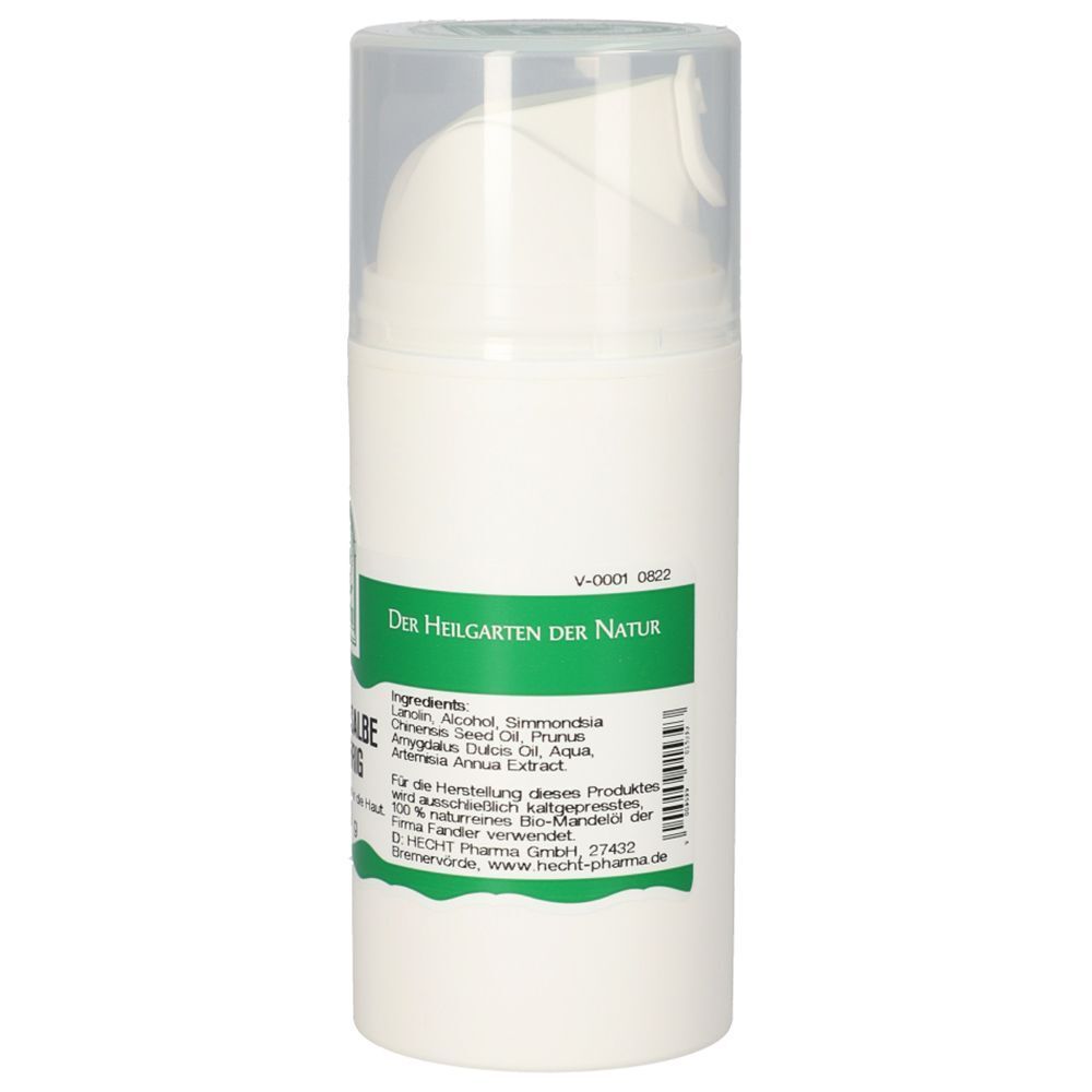 Weiße Spenderflasche mit Beifuß Salbe Einjährig, 90g. Rückseite mit Inhaltsstoffen und Herstellerangaben.