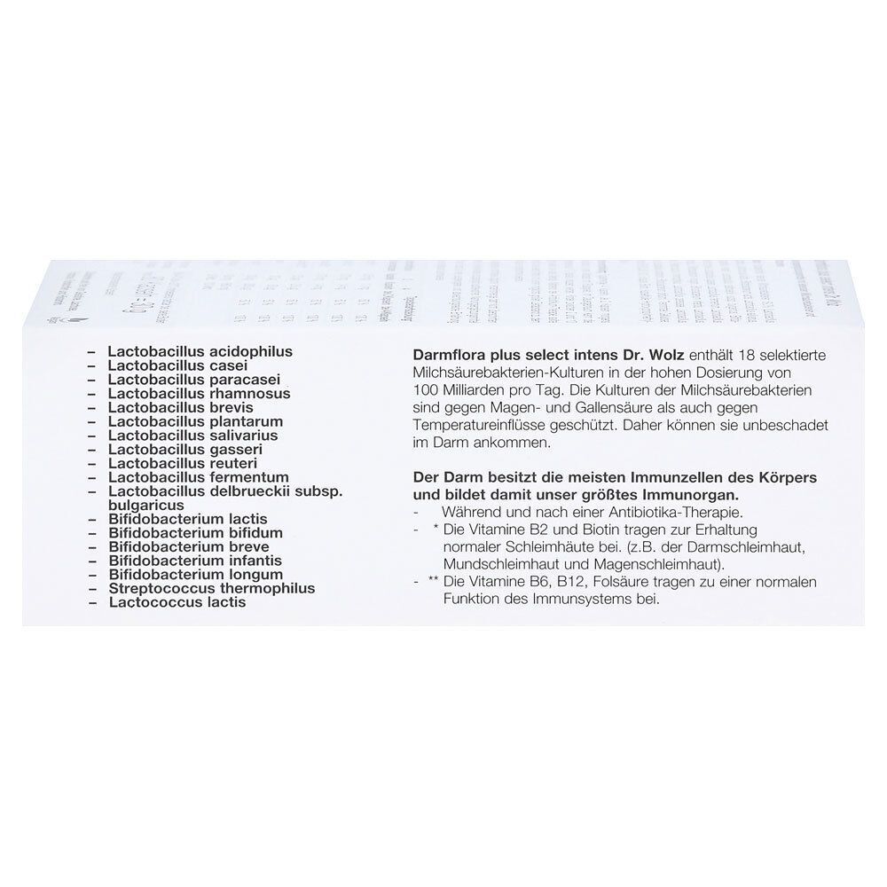 Rückseite der Darmflora plus select intens Verpackung. Auflistung der Inhaltsstoffe und Informationen.