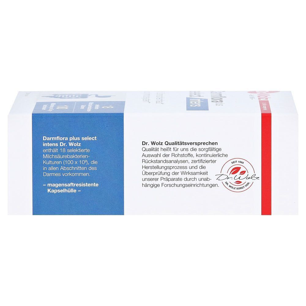 Seite der Darmflora plus select intens Verpackung. Text: 18 Milchsäurebakterien-Kulturen, magensaftresistente Kapselhülle, Dr. Wolz Qualitätsversprechen.