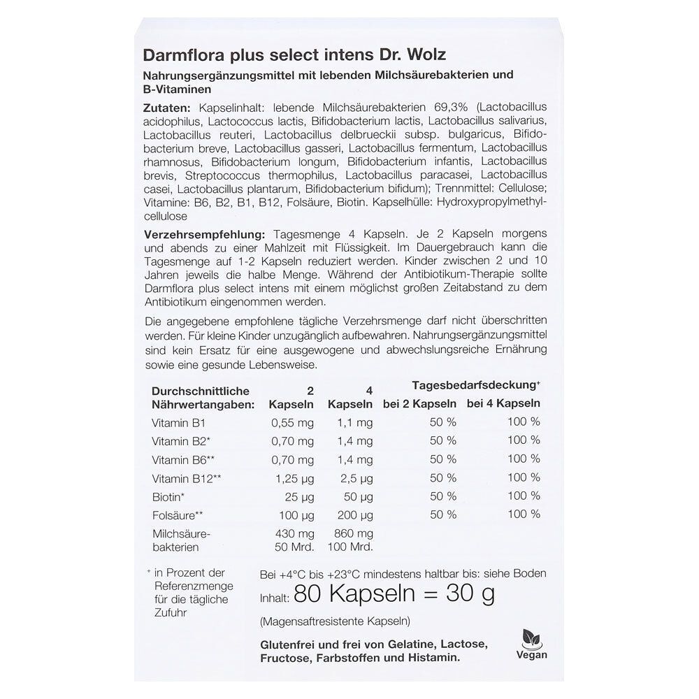 Darmflora plus select intens Verpackung. Auflistung der Inhaltsstoffe, Nährwertangaben pro Kapsel und Tagesbedarf, sowie Verzehrempfehlung.